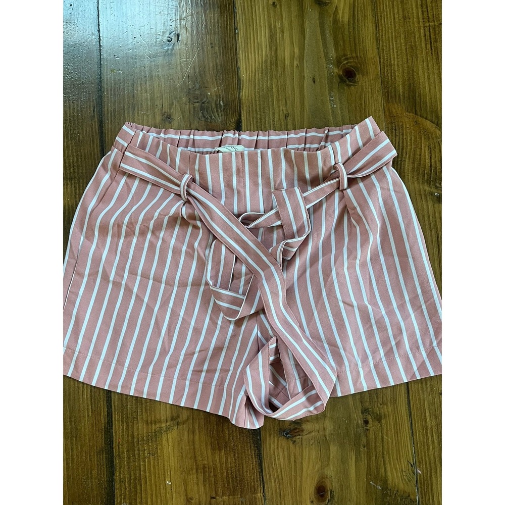 Mosaic & Co Pink White Striped Elastic Waist Tie Front Shorts Womens Large